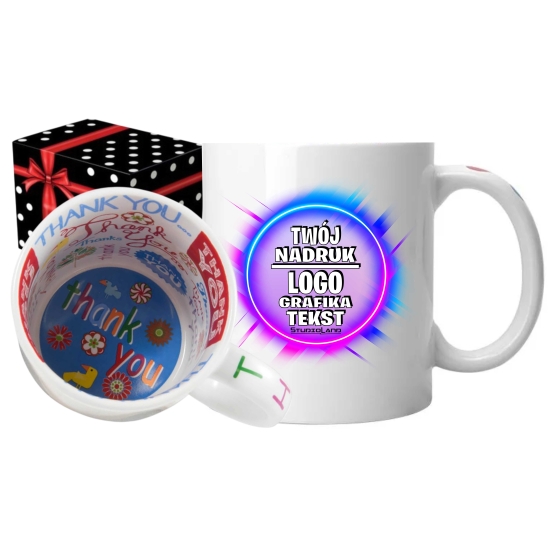 Foto kubek wnętrze THANK YOU ze zdjęciem personalizowany Napis Logo Grafika pudełko GRATIS